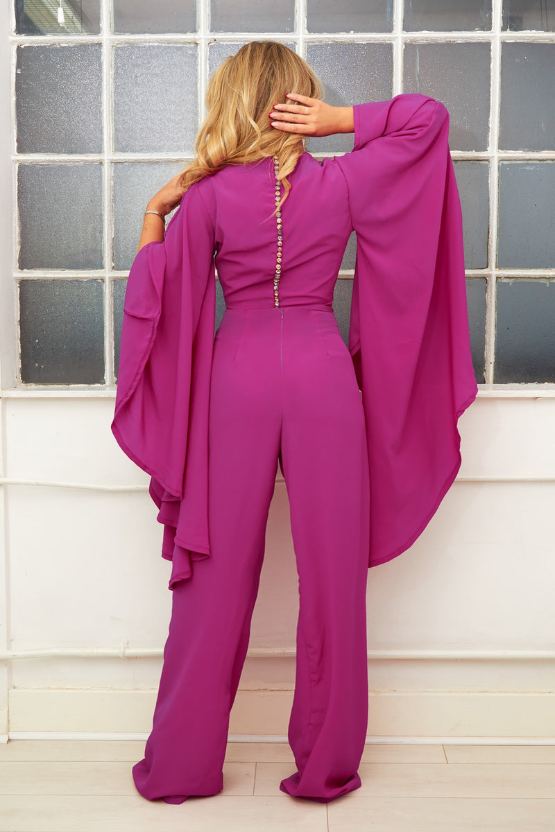 ADANNA magenta pink button down fitted top with oversize flared sleeve