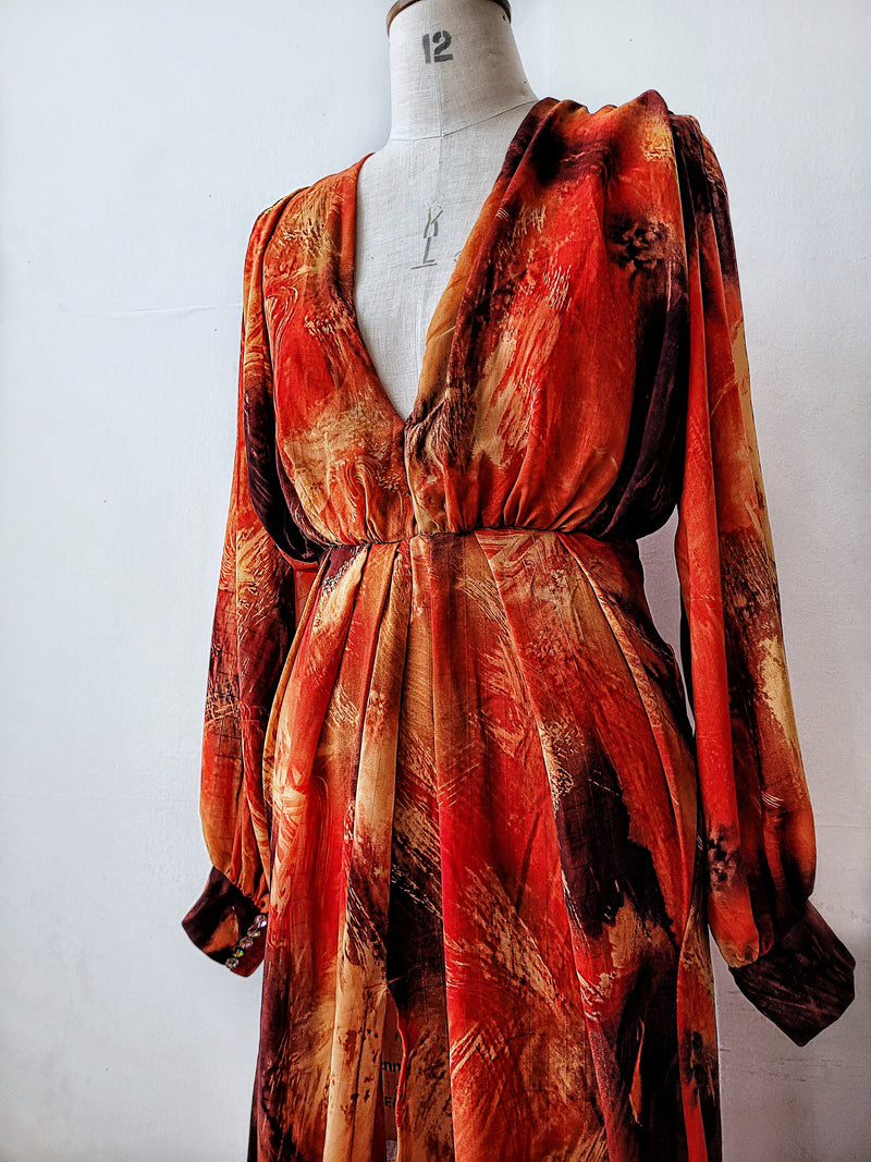 NAIROBI lava print long sleeve chiffon high slit evening gown