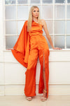 RIO orange winged one sleeve satin jumpsuit with thigh high slit sample sale