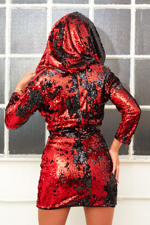 GRACE red and black reversible sequin hooded mini dress