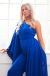 ODESSA  royal blue one sleeve winged jumpsuit with detachable side train
