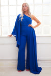 ODESSA  royal blue one sleeve winged jumpsuit with detachable side train