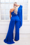 ODESSA  royal blue one sleeve winged jumpsuit with detachable side train