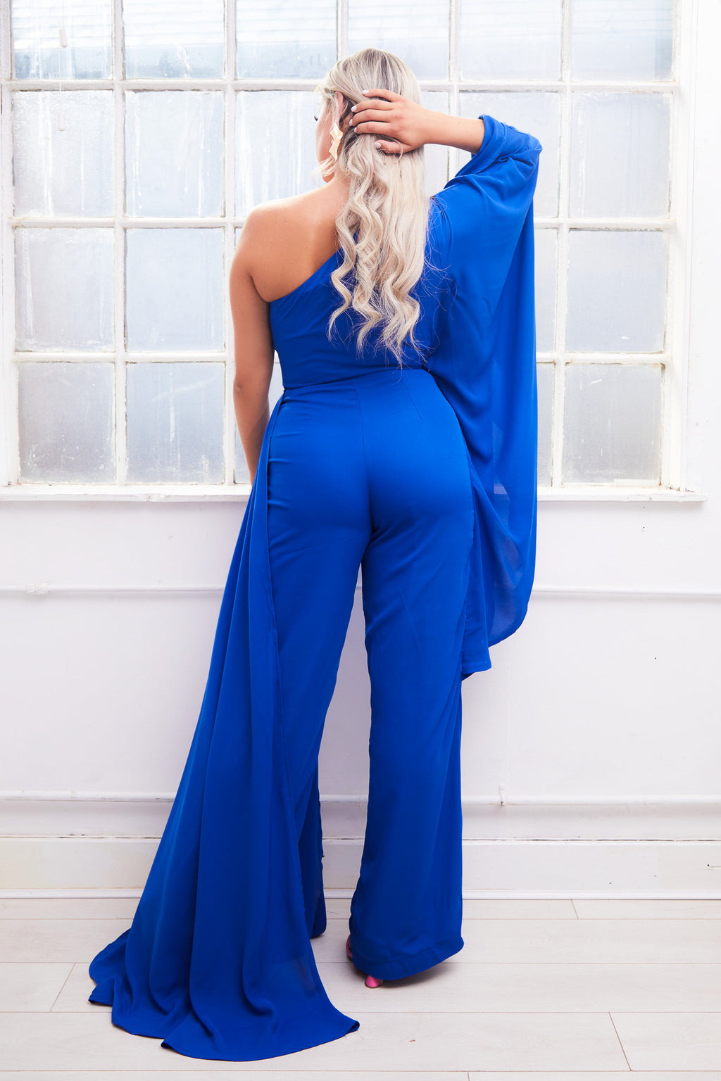 ODESSA royal blue one sleeve winged jumpsuit with detachable side