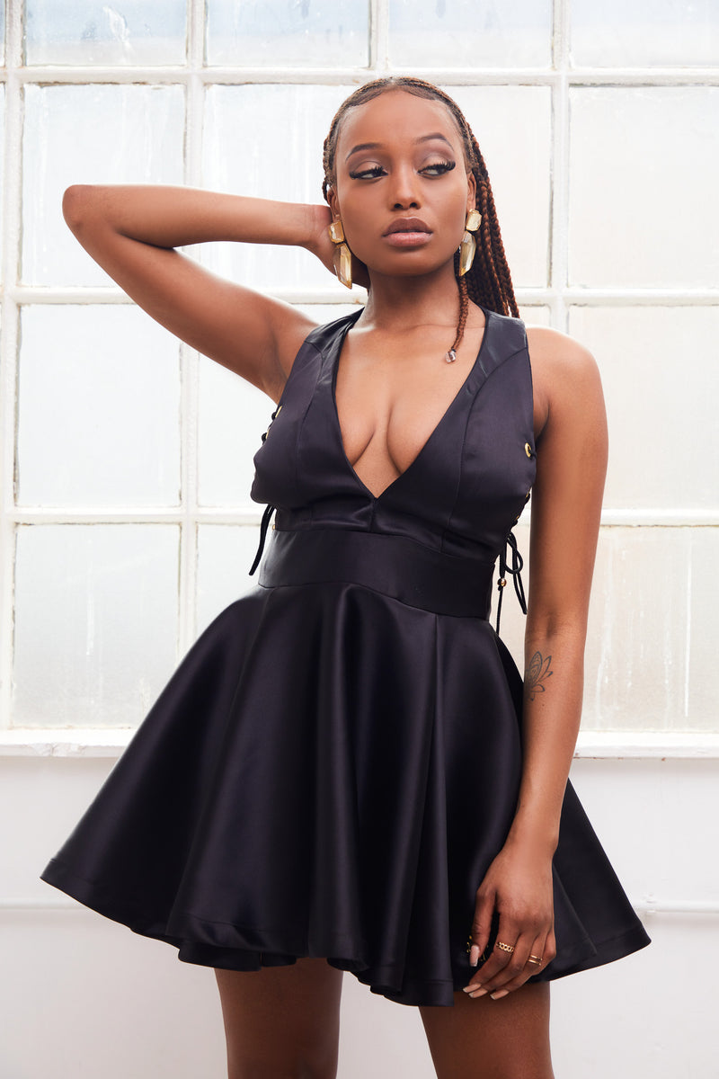 PARIS black satin corset back skater mini dress – Dolls of Decadence
