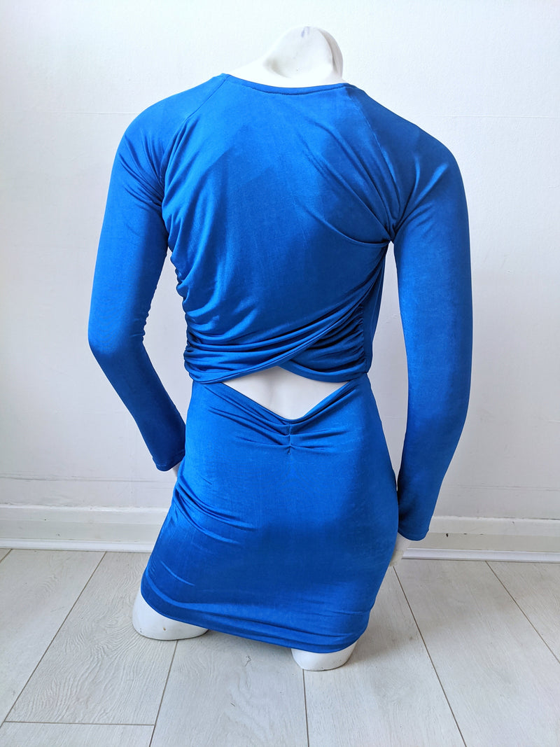SASHA blue cut out satin jersey plunge neck mini dress