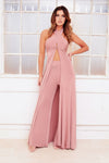 RIO orange winged one sleeve satin jumpsuit with thigh high slit sample sale