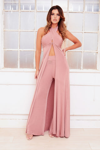 RIO orange winged one sleeve satin jumpsuit with thigh high slit
