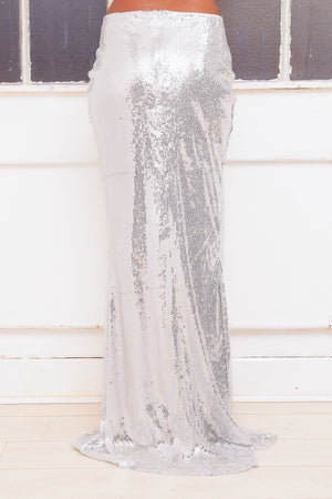 PHIA high waist high slit silver sequin maxi skirt