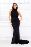KENYA orange backless high slit a-line evening gown with bell sleeves