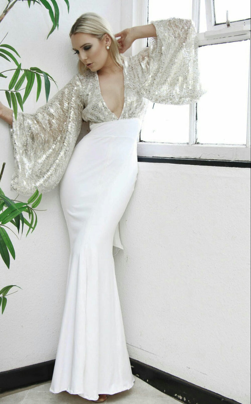 white and gold backless sequin bridal evening gown by dolls of decadence