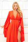 KENYA orange backless high slit a-line evening gown with bell sleeves