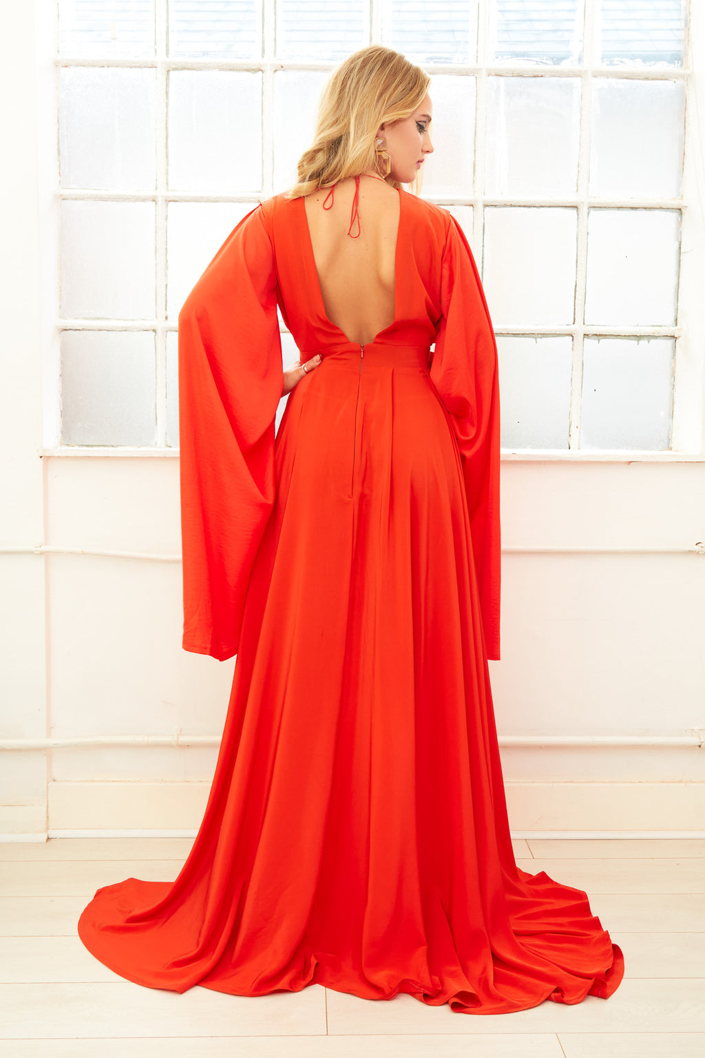 KENYA orange backless high slit a-line evening gown with bell sleeves