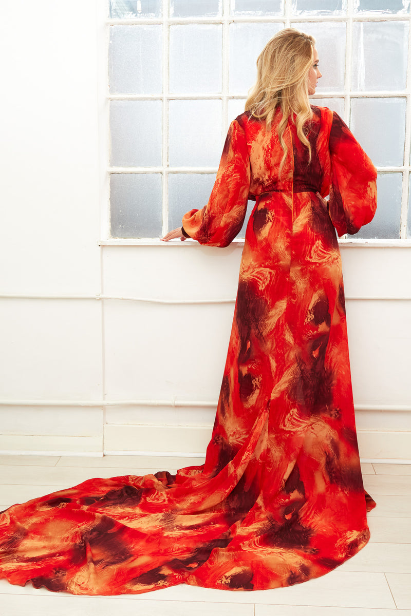 NAIROBI lava print long sleeve chiffon high slit evening gown Dolls of Decadence NAIROBI lava print long sleeve chiffon high slit evening gown Dolls of Decadence