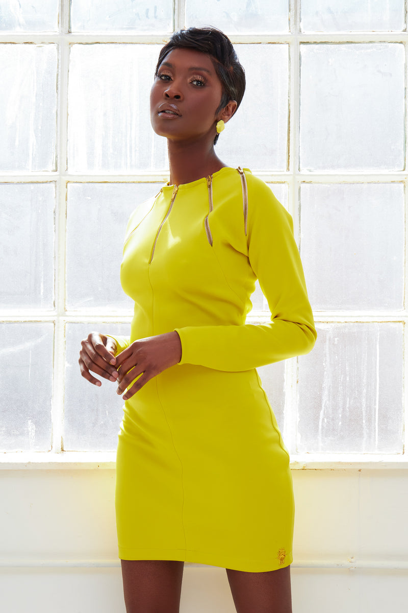 SION chartreuse long sleeve multi zipper mini dress