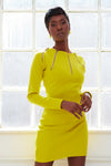 SION chartreuse long sleeve multi zipper mini dress