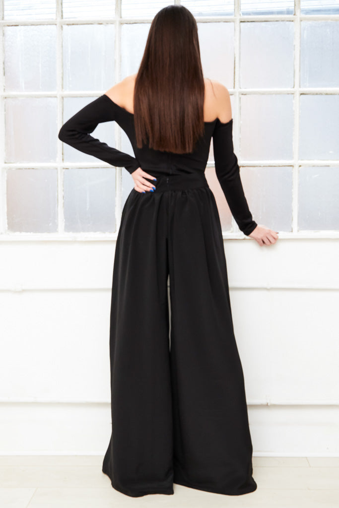 GLIDE black high waist wide leg palazzo trousers with high slit