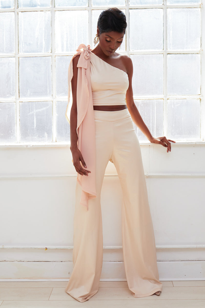 BELLA one sleeve winged chiffon blush wide leg trousers set rtw