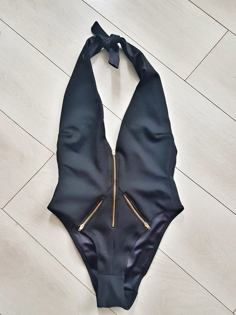 MODA multi zipper halter neck one piece swimsuit
