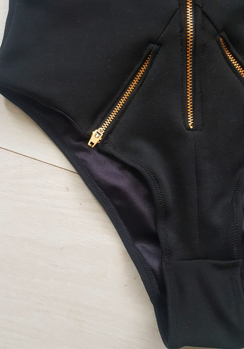 MODA multi zipper halter neck one piece swimsuit