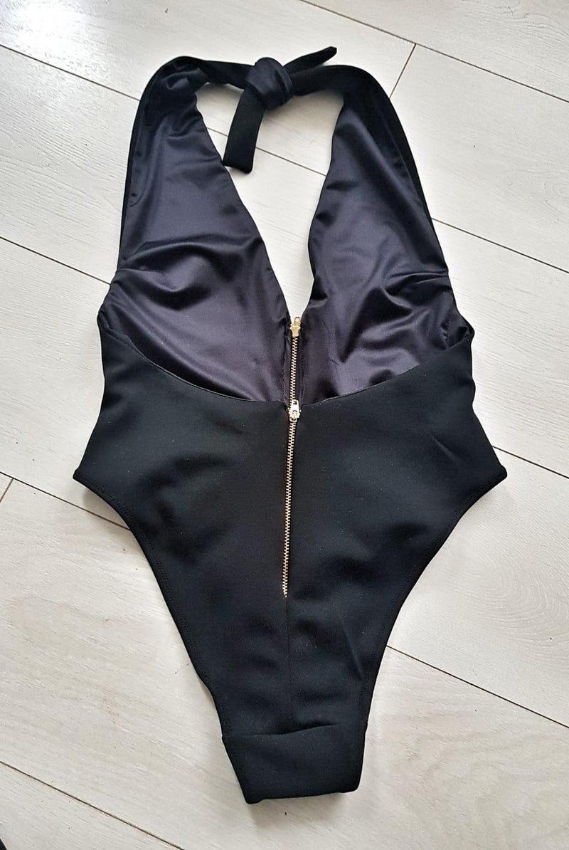 MODA multi zipper halter neck one piece swimsuit