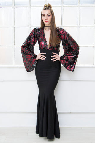 NAIROBI lava print long sleeve chiffon high slit evening gown